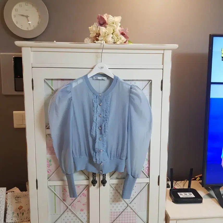 [BUNJANG] Zara Pearl Button Puff Sleeve Knit Cardigan / 자라 니트 스웨터 가디건/55~정66