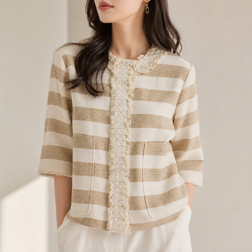 [BUNJANG] Lanvin Collection Linen Stripe Frill Jacket / [정품] 랑방컬렉션 프릴 린넨 스트라이프 자켓 (55~66 / 컨디션 최상)