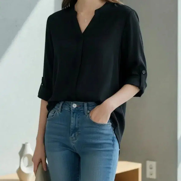 [BUNJANG] New Black Roll-Up Shirt Blouse / 새상품 블랙 롤업 셔츠 블라우스