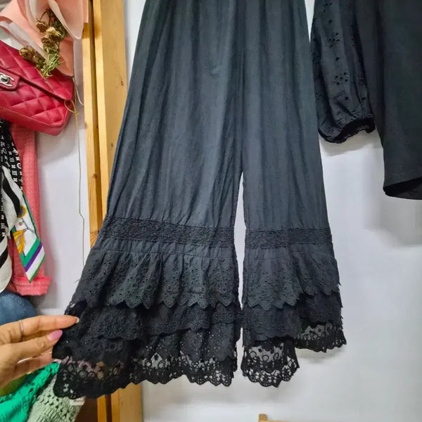 [BUNJANG] Edge Punch Embroidery Balloon Spandex Top & Frill Lace Cotton Pants Set / 엣지 펀칭자수 벌룬스판티. 프릴레이스 팬츠