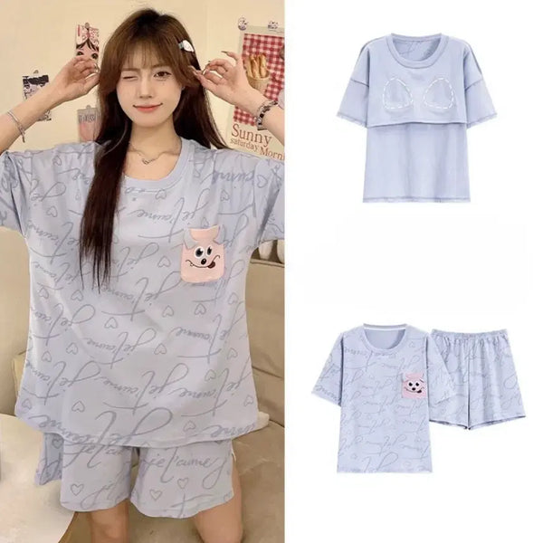 [BUNJANG] Blue Monster Lettering Short Sleeve Pajama Set / [땡처리/5,000원] 캡내장 블루 몬스터 레터링 반팔 반바지 홈웨어 잠옷세트