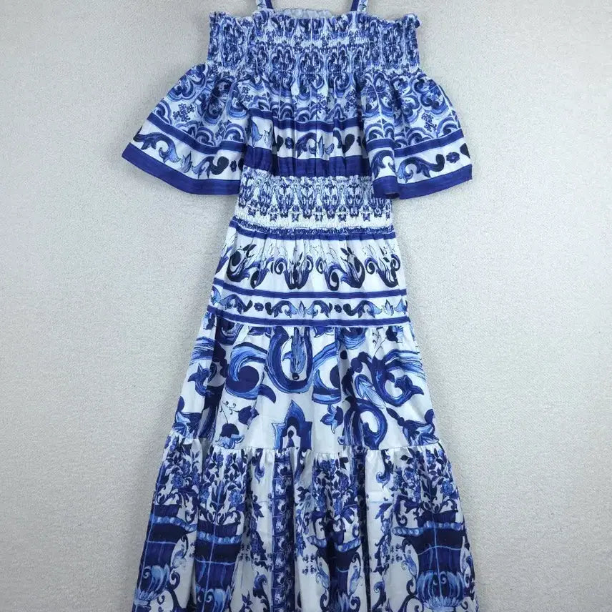 [BUNJANG] Women's Off-Shoulder Strap Dress Blue Print / 여성 오프숄더 스트랩 원피스 블루 프린트(55)