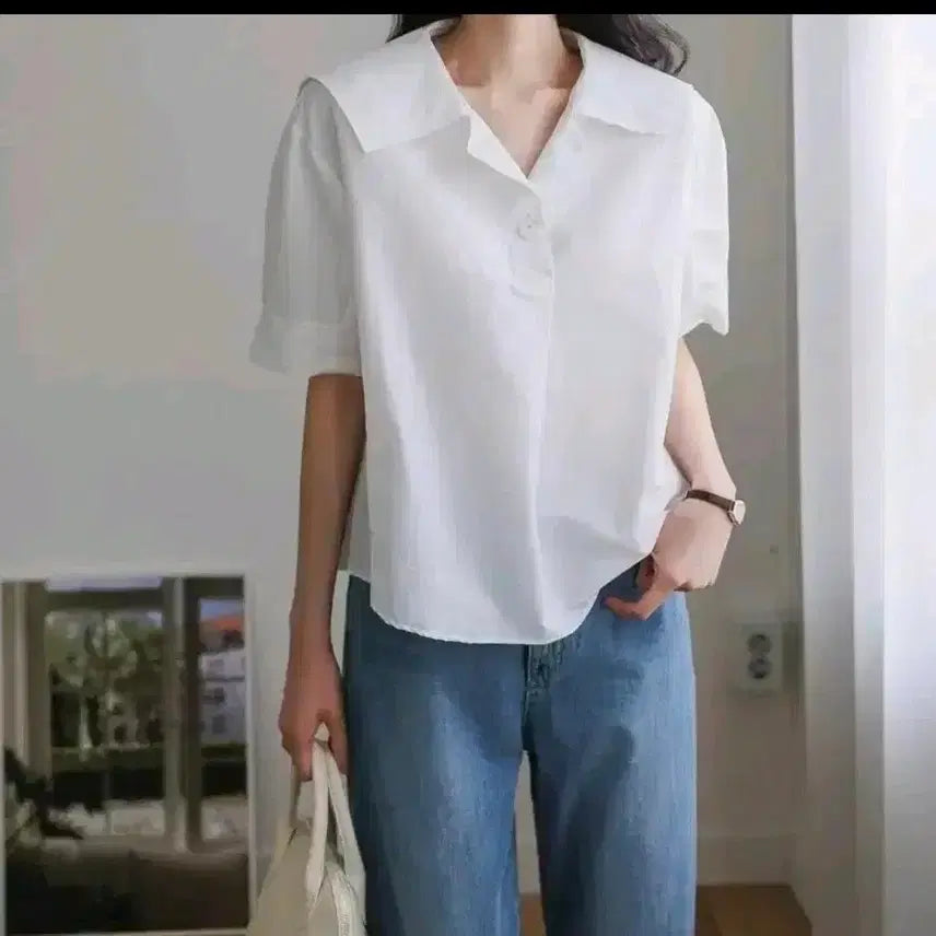 [BUNJANG] Sailor Collar Short Sleeve Blouse White (Size 55-77) / 세일러 카라 반팔 블라우스 화이트55~77