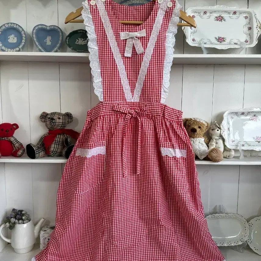 [BUNJANG] Strawberry Jam Red Gingham Check Lace Ribbon Handmade Dress / 일본 핸드메이드 딸기잼 레드 깅엄체크 레이스 리본 원피스