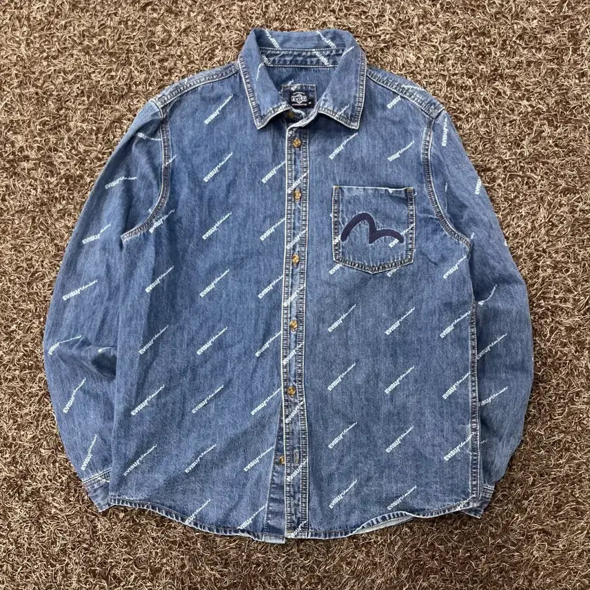 [BUNJANG] Evisu 95 Pocket Logo All Over Denim Shirt / 95 에비수 포켓 로고 올오버 데님 셔츠