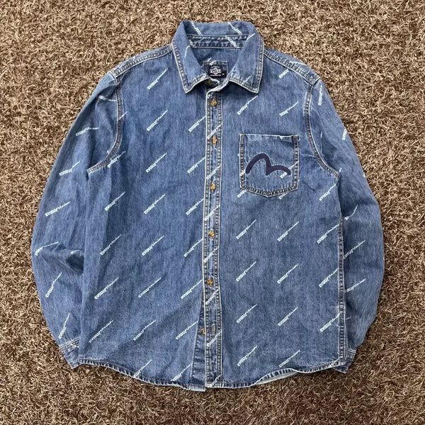 [BUNJANG] Evisu 95 Pocket Logo All Over Denim Shirt / 95 에비수 포켓 로고 올오버 데님 셔츠