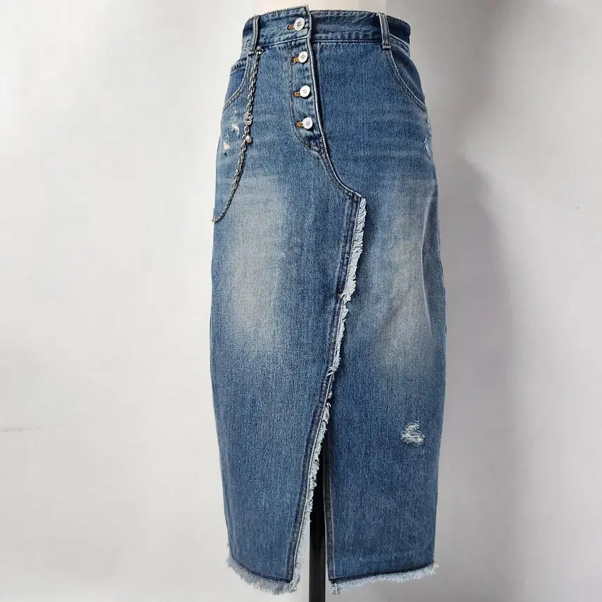 [BUNJANG] Lucky Chouette Chain Asymmetrical Denim Long Skirt Size 36 / 럭키슈에뜨 체인 언발란스 데님 롱스커트 36