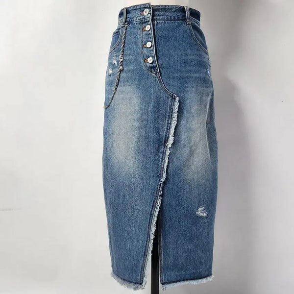 [BUNJANG] Lucky Chouette Chain Asymmetrical Denim Long Skirt Size 36 / 럭키슈에뜨 체인 언발란스 데님 롱스커트 36