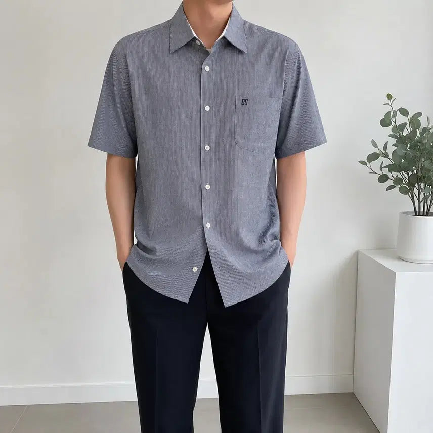 [BUNJANG] Daks Linen Blend Stripe Short Sleeve Shirt (Men's 100) / [100]닥스 린넨혼방 스트라이프 반팔 셔츠