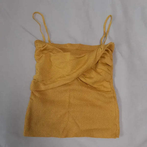 [BUNJANG] Yellow Shirring Twisted Halter Neck Top / 옐로우 셔링 끈나시 꼬임 랩 탑 민소매
