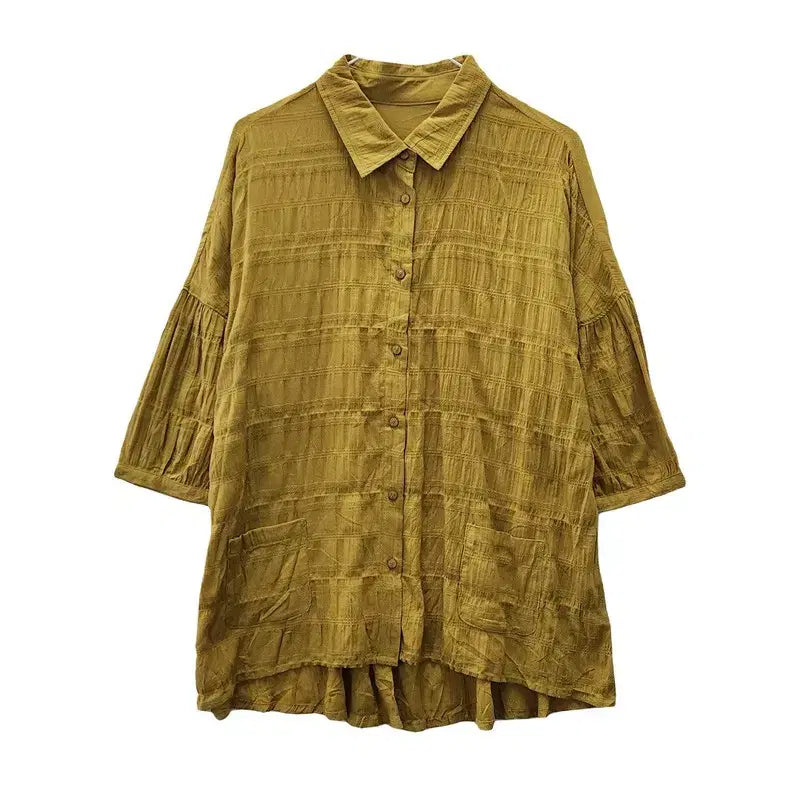 [BUNJANG] Natural Mori Crinkle Drop Shoulder Mustard Yellow Shirt Blouse (M-L) / 내추럴 모리 크링클 드롭숄더 머스타드옐로우 셔츠 블라우스 M-L