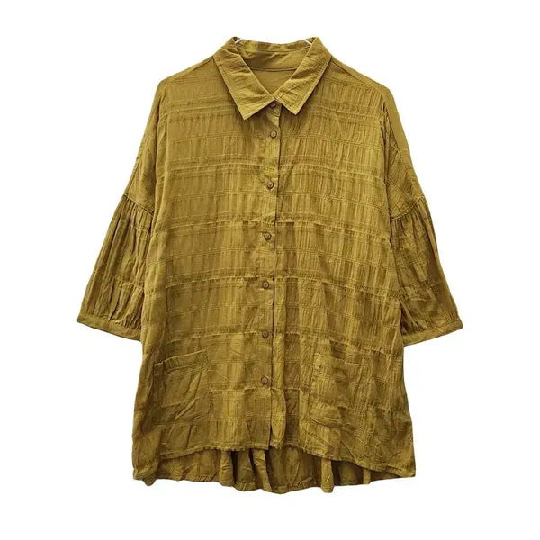 [BUNJANG] Natural Mori Crinkle Drop Shoulder Mustard Yellow Shirt Blouse (M-L) / 내추럴 모리 크링클 드롭숄더 머스타드옐로우 셔츠 블라우스 M-L