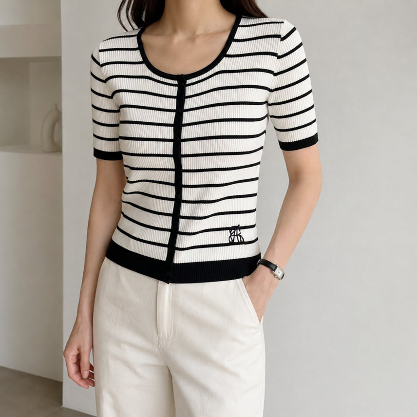 [BUNJANG] The Edge Stripe Ribbed Short Sleeve Knit / [55]더엣지 스트라이프 골지 반팔 니트