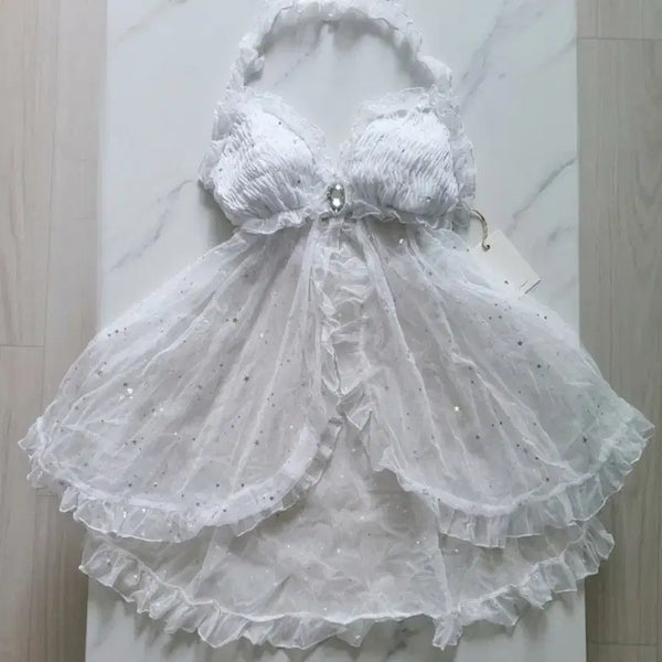 [BUNJANG] White Chiffon Ruffle Star Midi Dress with Built-in Cups / (새것)가슴캡내장화이트 쉬폰 프릴 스타 원피스