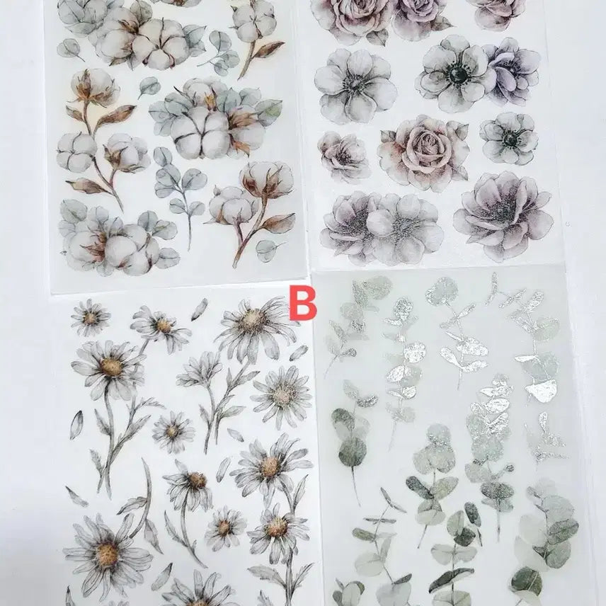 [BUNJANG] Vintage Washi Paper Flower Stickers (No Die-cut) - 8 Sheets (2 Designs) / 빈티지 감성 화지 꽃 스티커 (칼선x) 4매 2종