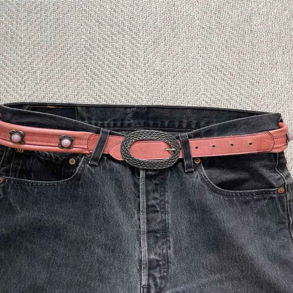 [BUNJANG] Vintage DE LONHI Pink Stone Studded Antique Leather Belt / 빈티지 DE LONHI 핑크 스톤 스터드 엔틱 레더벨트