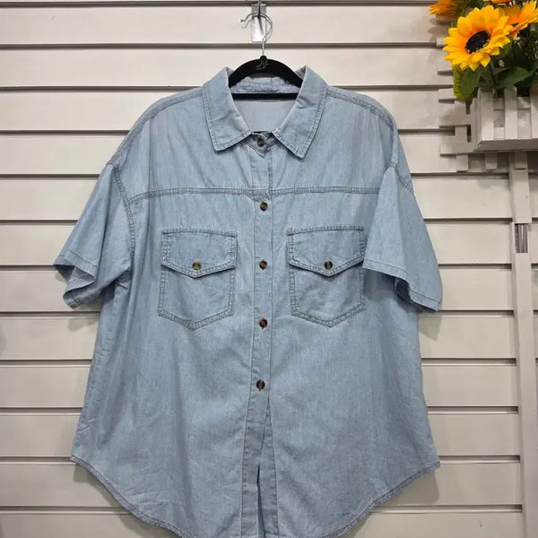 [BUNJANG] Women's Light Wash Denim Short Sleeve Shirt / #여성의류청량한 연청 색상의 데님 반팔 셔츠