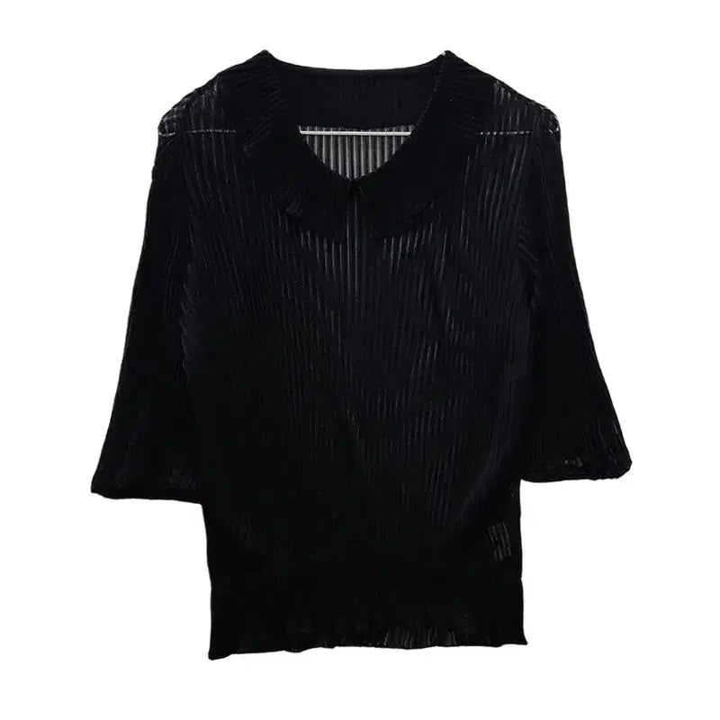 [BUNJANG] Vintage Sheer Ribbed Pleated Blouse Black / 빈티지 시스루 골지 플리츠 블랙 블라우스 F