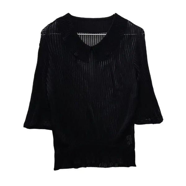 [BUNJANG] Vintage Sheer Ribbed Pleated Blouse Black / 빈티지 시스루 골지 플리츠 블랙 블라우스 F