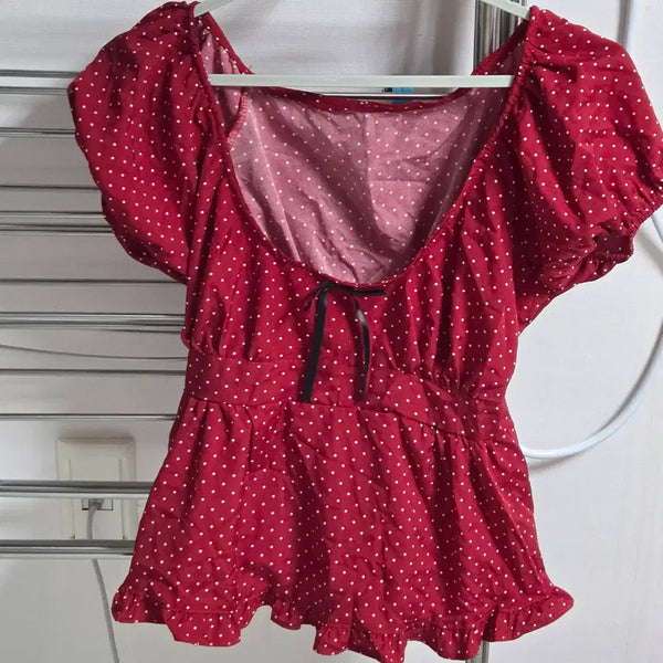 [BUNJANG] Red Dot Short Sleeve Blouse / 빨간 도트 반팔 블라우스 레드 모리걸 모리 일본풍 에이블리 교환 교신