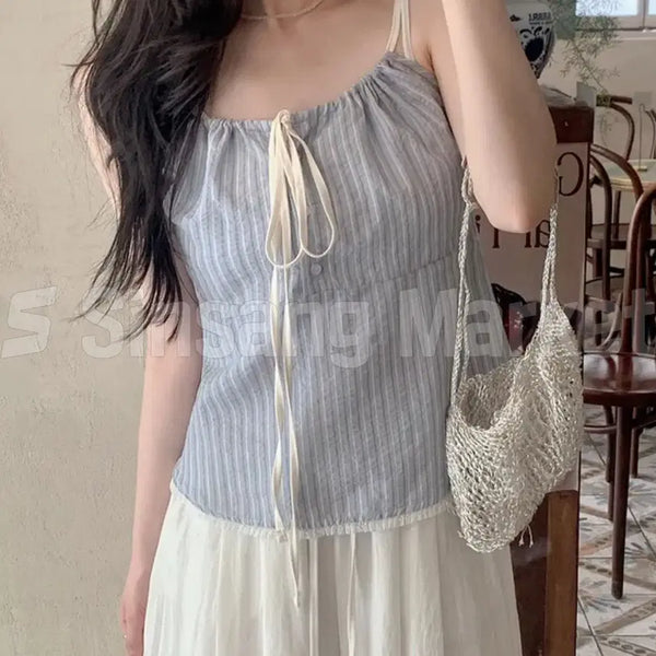 [BUNJANG] Stripe Ribbon Shirring Layered Camisole Top / [빠른발송] 썸머나시 뷔스티에 스트라이프 리본 셔링 레이어드 배색 끈나시