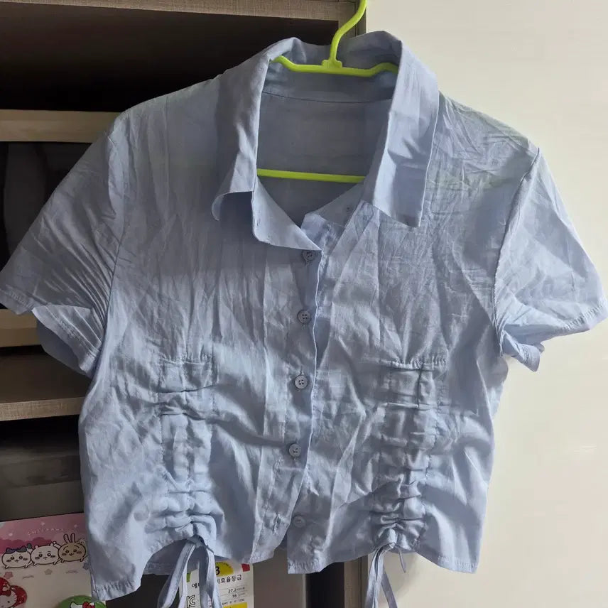 [BUNJANG] Shirring Short Sleeve Cropped Shirt - Blue / 여성 셔링 반팔 크롭 셔츠 블루 에이블리 교환 교신