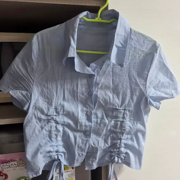 [BUNJANG] Shirring Short Sleeve Cropped Shirt - Blue / 여성 셔링 반팔 크롭 셔츠 블루 에이블리 교환 교신