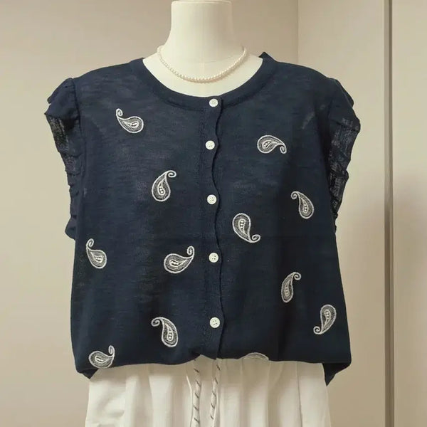 [BUNJANG] Navy Paisley Pattern Short Sleeve Cardigan / 네이비 페이즐리 패턴 반팔 가디건