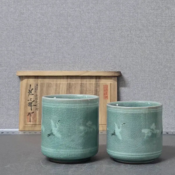 [BUNJANG] Doam Ji Sun-tak Celadon Tea Cup Set with Crane and Cloud Motif / 도암 지순탁 청자 운학문 부부 찻잔