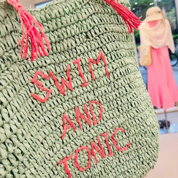 [BUNJANG] Wim & Tonic Embroidered Raffia Shoulder Bag Mint / 라피아백 민트색 윔앤토닉 자수 숄더백