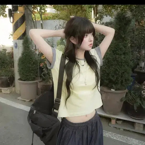 [BUNJANG] Lemon Color Block Layered Short Sleeve T-shirt / 에이블리 레몬 배색 레이어드 반팔 노랑