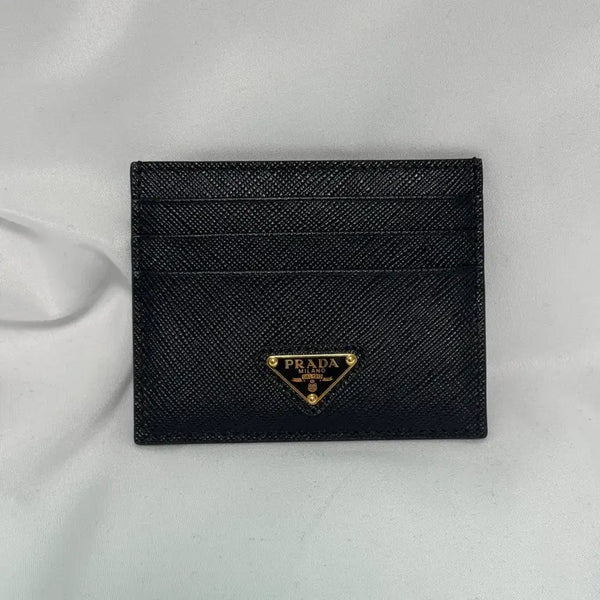 [BUNJANG] Prada Saffiano Leather Triangle Logo Card Wallet Black Gold / 프라다 사피아노 레더 트라이앵글 로고 카드 지갑 블랙 골드
