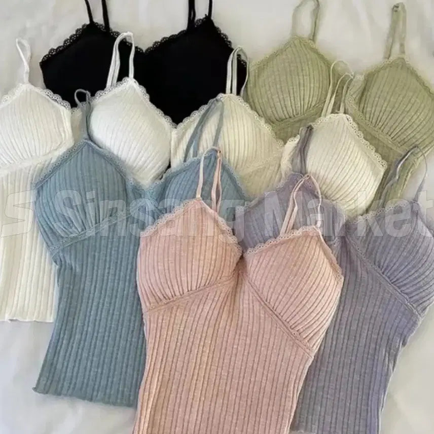 [BUNJANG] Lace Camisole with Thin 2cm Padding and Adjustable Straps / [빠른발송] 레이스나시 2cm얇은캡 캡나시 사진가능 캡내장 끈조절 레이어