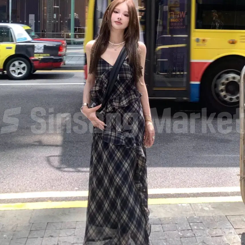 [BUNJANG] Checkered Ribbon Frill Sleeveless Long Dress / [빠른발송] 예상원피스 롱원피스 몸매보정 부유방커버 리본 나시 체크 프릴