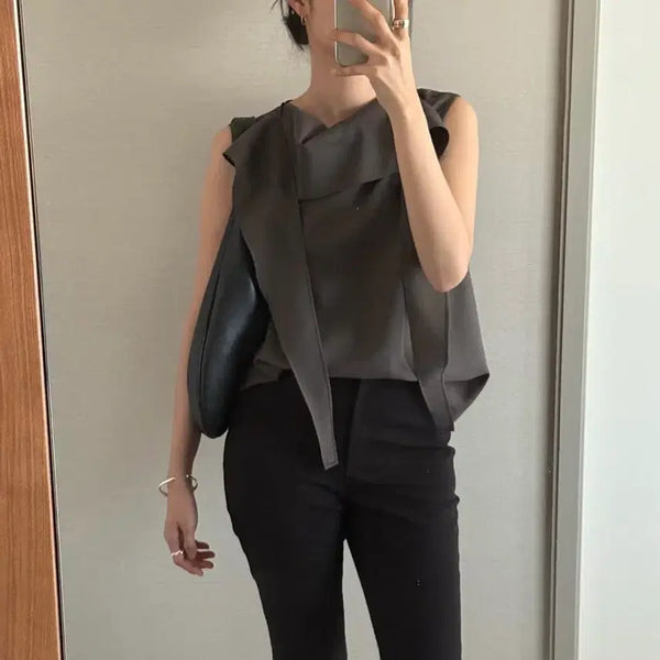 [BUNJANG] Arto Tie-Neck Sleeveless Blouse - Charcoal / 아르토 Tie-Neck Sleeveless Blouse_Charcoal