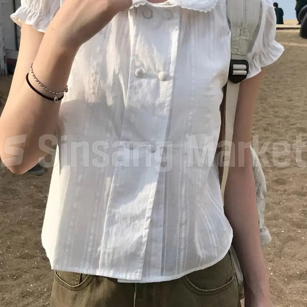 [BUNJANG] Sanga Blouse Two-Button Collar Shirt Lace Frill / [빠른발송] 상아블라우스 투버튼 카라 셔츠 레이스 프릴