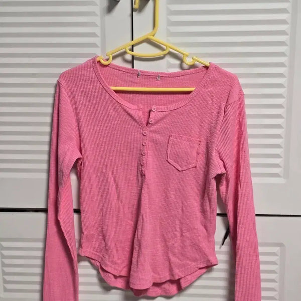 [BUNJANG] Hot Pink Slim Fit Ribbed Long Sleeve Top / 핫핑크 여리핏 골지 긴팔