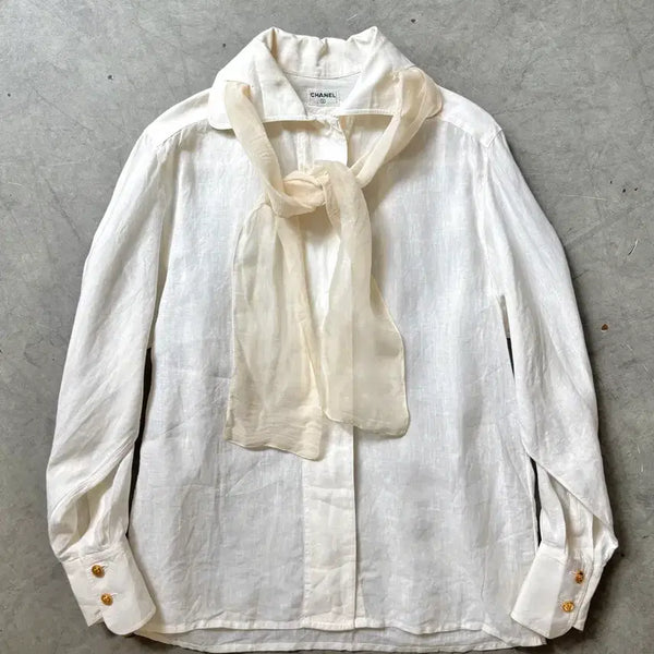 [BUNJANG] Chanel 90s White Linen Tie Blouse / Chanel 샤넬 90s 화이트 린넨 타이 블라우스 셔츠