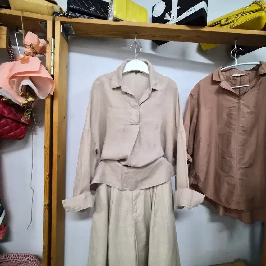 [BUNJANG] Vera Wang Linen Shirt & Uniqlo Linen Wide Pants Set / 베라왕 린넨모시 셔츠. 유니클로 린넨 와이드 팬츠