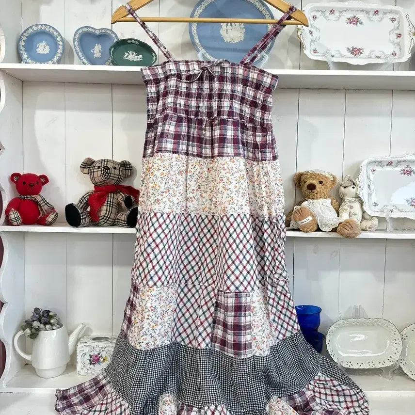 [BUNJANG] Burgundy Check Floral Patchwork Long Dress (L) / 버건디 체크 잔꽃 패치워크 롱 원피스