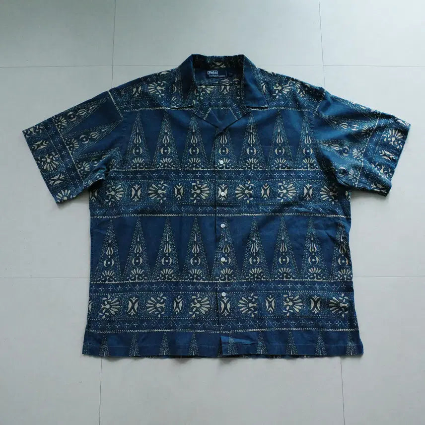 [BUNJANG] 90s Polo by Ralph Lauren Batik Pattern Indigo Open Collar Shirt XL / [90s 희귀] 폴로 바이 라프로렌 바틱 패턴 인디고 오픈카라 셔츠 XL