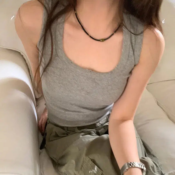 [BUNJANG] Vintage Ribbed Cropped Sleeveless Top (Gray/Khaki) / 새상품) 부유방 X / 빈티지 구제 골지 크롭나시 민소매 (그레이/카키)