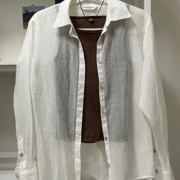 [BUNJANG] Musinsa White Shirt + Brown Ribbed Tank Top Set / 세트)무신사 화이트 셔츠 + 브라운 골지 나시 (여름셔츠/여름옷)