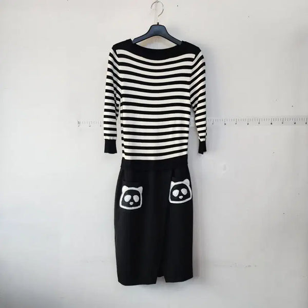 [BUNJANG] Panda Pocket Striped Knit Dress / 단가라 니트 원피스 판다 포켓