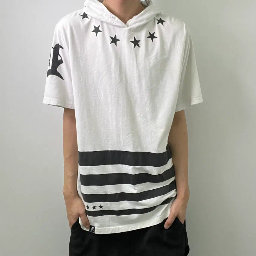 [BUNJANG] Vintage Star & Border Short Sleeve Hoodie L / jpn vtg 일본 빈티지 스타 앤 보더 반팔 후드티 L
