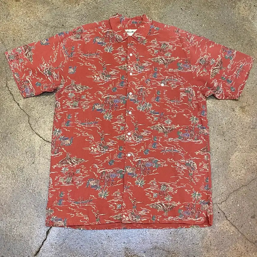 [BUNJANG] Vintage Hawaiian Pattern Linen Short Sleeve Shirt / 미국빈티지 하와이안 패턴 반팔 린넨 셔츠