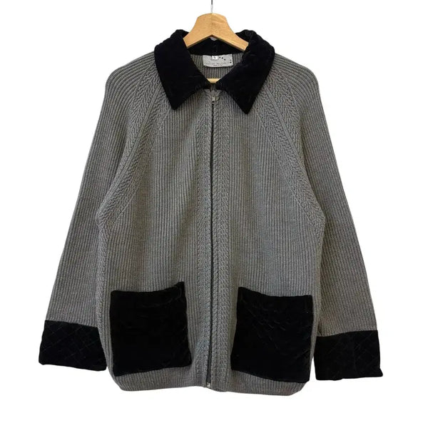 [BUNJANG] Cristina Marrone Virgin Wool Velour Zip-Up Cardigan Grey L / 크리스티나 마조넷 버진울 벨루어 블럭 집업 가디건 그레이 L 정품