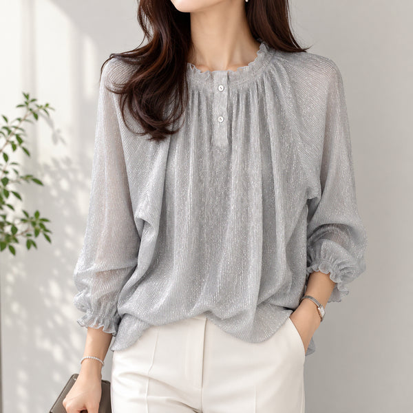 [BUNJANG] Morgan & Co. Silver Metallic Pleated Blouse / [55]모르간 시스 실버 메탈릭 플리츠 블라우스
