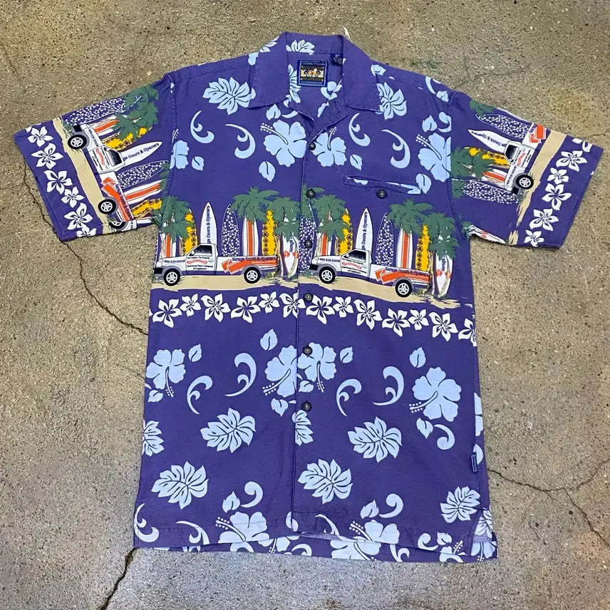 [BUNJANG] 90s Hawaiian Surf Truck Pattern Short Sleeve Shirt / 90s Made in korea 하와이안 서핑 트럭 패턴 반팔 셔츠