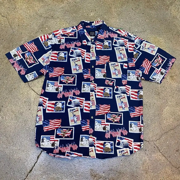 [BUNJANG] Cotton Traders Sport USA Flag Pattern Short Sleeve Shirt / 미국빈티지 코튼 트레이더스 스포츠 USA 성조기 패턴 반팔 셔츠